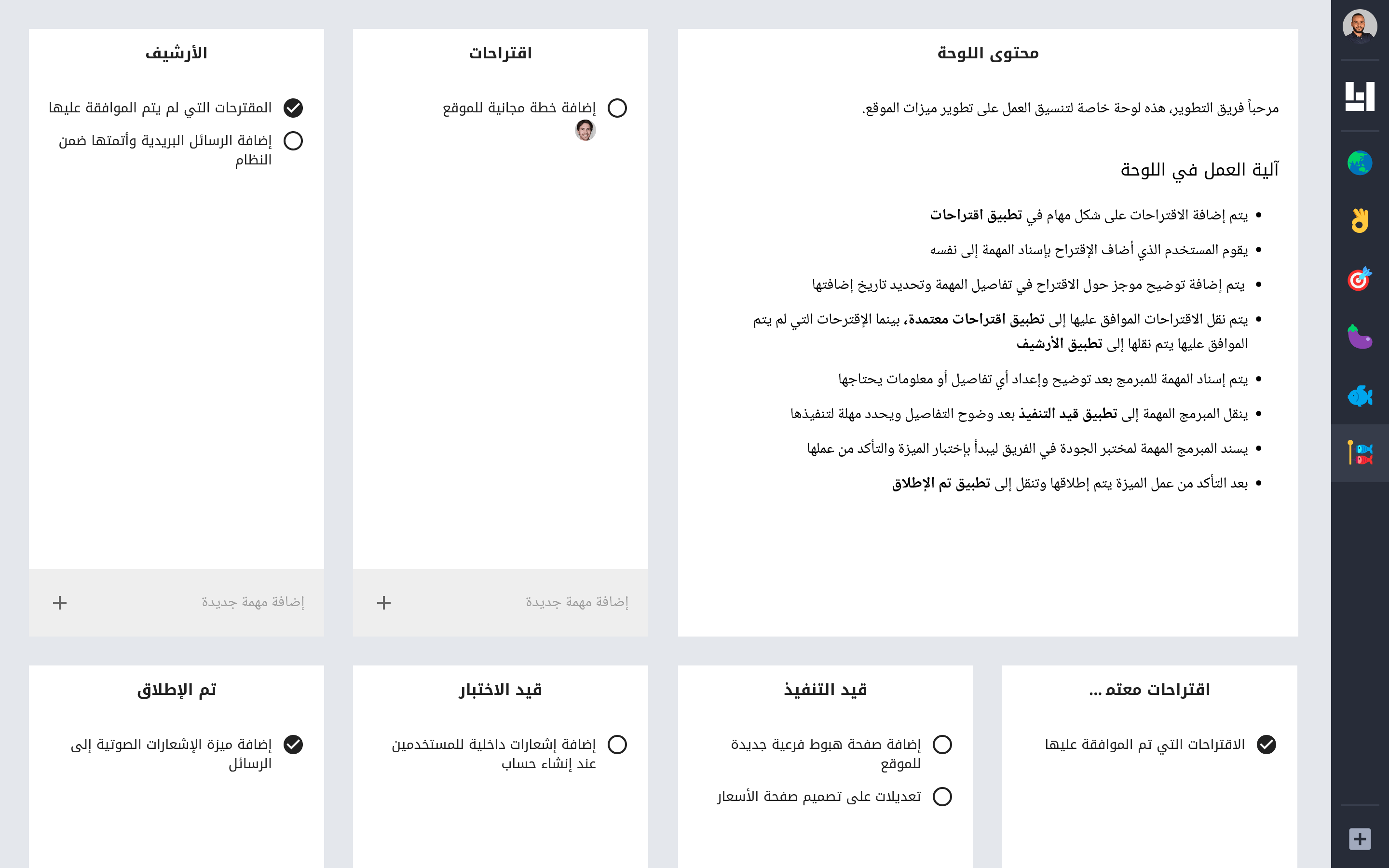 صورة لوحة تحتوي على محرر نصوص بجانب قائمتان للمهام وتحتهم 4 قوائم مهام