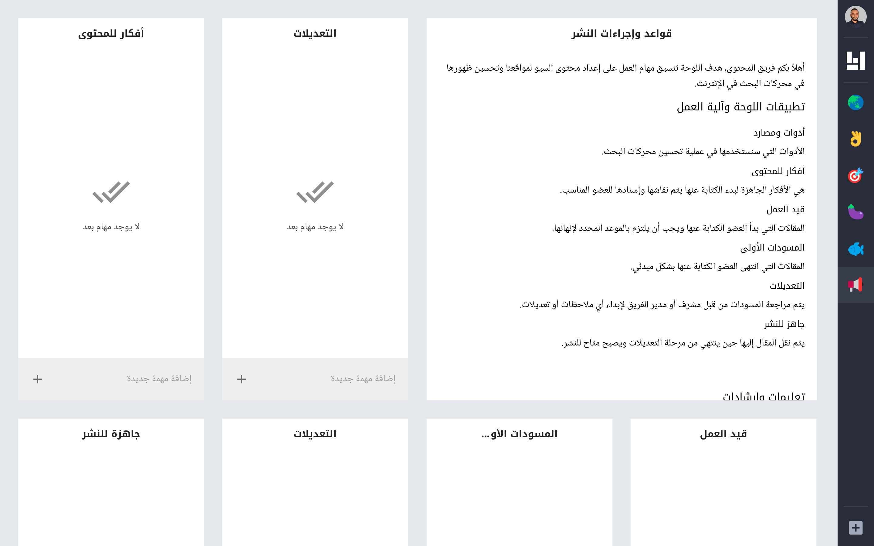 صورة لوحة تحتوي على محرر نصوص بجانب قائمتان للمهام وتحتهم 4 قوائم مهام